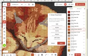 A complete editor: remapping the entire pattern palette to another thread brand. Showing other tools too: brush tool is active (complete partial stitches support), backstitches, confetti removal, text tool