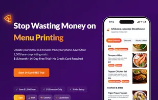 Cost savings message with mobile QR menu - shows customer scanning experience and instant menu access on smartphone.