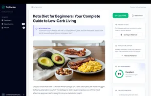 Full article preview with SEO score, meta description, and internal links.