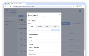 Export modal showing download options from Charity Record