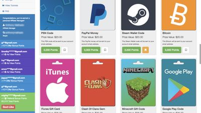 A huge range of free gift card prizes to choose from. Alternatively you can choose a direct payment to your PayPal account or Bitcoin wallet.
