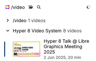 The browse menu on a Hyper 8 site, displayed on a really narrow mobile
viewport. Notably the "browse" and "search" menu items in the header are
replaced by icons (a "folder" and "magnifying glass")