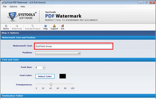 Select Watermark, text, color, font and postions