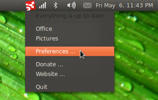 Tray Icon: Syncany's tray menu is easily accessible. It allows quick access to the sync folders and the preferences dialog.