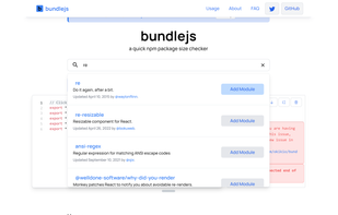 Image of light mode edition of bundlejs with a bundle error, while search for other packages. 