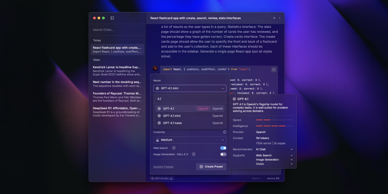 Raycast now supports new GPT-4.1 models