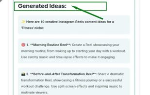 Generated Ideas output from the content type and niche of user 