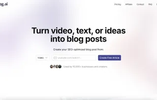 Video Blog AI homepage - turn video, text, or ideas into SEO blog posts