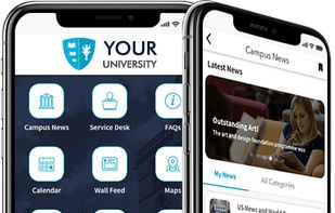 Mobile dashboard view of the e2s app showing alerts, appointments, events, and messages—designed for seamless student engagement and support.