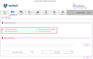 Select email formats to save backed up data