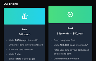 A screenshot showing the Free and Paid options with lists of the included features.