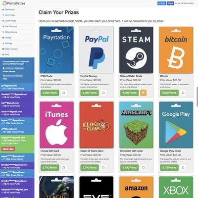 A huge range of free gift card prizes to choose from. Alternatively you can choose a direct payment to your PayPal account or Bitcoin wallet.