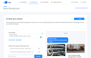 Create broadcast (>85% open rates guaranteed) with custom messages and sent to custom segments based on tags. Links will be rendered as beautifully Clickable cards