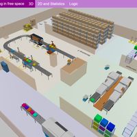 This is a demo model built to show free space movement feature of AnyLogic Material Handling Library. Transporters (mobile robots, AVGs) navigate facility floors without being guided by predefined paths.