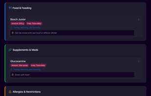 Detailed diet descriptions, shareable via link or QR code with vets, pet sitters, boarding facility, or in case of emergency. 