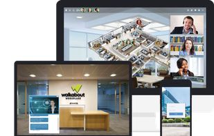 Walkabout Workplace custom landing page, virtual receptionist, heads-up display floor plan.