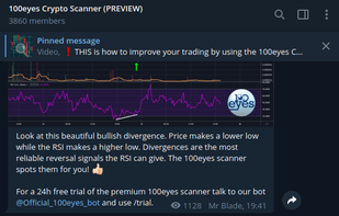 100eyes also offers a free crypto scanner on the free preview channel on Telegram. Here you will see alerts for free for the top cryptocurrencies