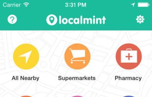 The homescreen enables users to search by store category from their current location with a single tap of the screen. Multiple category options are provided, including an all nearby function.