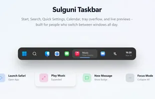Unified AI-powered dashboard with live system stats, media controls, quick actions, and deep taskbar integration for power users.