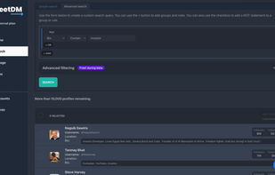 TweetDM Database search.
Example: Searching all the people with "investor" in their Bio