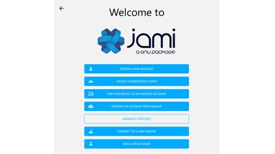 Jami login page. Optional advanced options for SIP or JAMS. Windows.