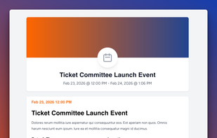 The public-facing event page where attendees browse event details and purchase tickets. Displays the event banner, date and time, venue location, and available ticket types with pricing. Attendees select ticket quantities and proceed to checkout — no account required.
