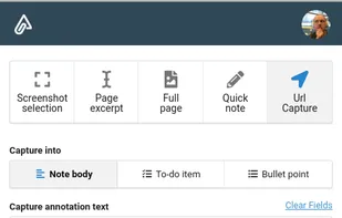 The Web Clipping browser extension: Amplecap.
Amplecap support capturing web pages fully or partially, as well as selecting individual paragraphs of text or capturing URLs.
Amplecap can be invoked from anywhere using a keyboard shortcut, making for lightning-fast task creation.