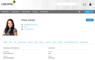 Enhanced user profiles
Linchpin's enhanced user profiles form the basis for customizing the user experience and performing company-wide advanced searches. You are free to define what information the employee's user profile should and must provide. Automatically generated organization charts display their hierarchical position in the company or team.