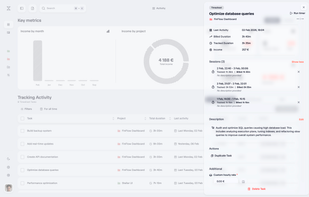 Task detail sheet showing time tracking sessions, total duration, and billable amount. Add descriptions and manage individual task rates.