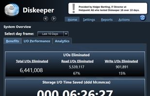 Initial screen for Diskeeper 16, showing Read/Write cache values and Intelliwrite (delayed/cached read/writes) stats.