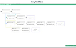 Reify lets you define application workflows visually, connecting screens, actions, and data without hand-coding.