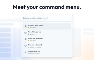 Title reads: "Meet your command menu." Shows a centered modal displaying a list of recent study sets and folders which the user has seen.