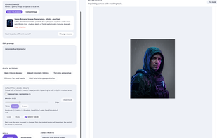 Prompt-based image editing (image-to-image) with masking and quick actions