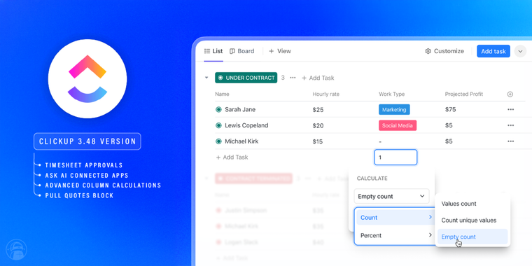 ClickUp enhances timesheet approvals, AI insights, column calculations & quotes blocks image