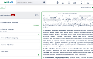 AXDRAFT integrates data from public registers and your internal databases directly into your document in seconds.
On top of that data is automatically transferred into all transaction documents: NDA, sales agreement and order form - all completed in one click.
With AXDRAFT you will have fewer manual inputs and more accurate, up-to-date data.