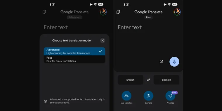 Google Translate adds fast and advanced model picker for text translation image