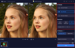 Enhance low-quality video: select AI mode and adjust resolution