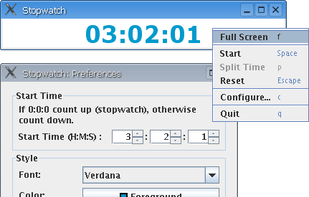 This shows Stopwatch in window mode, the popup menu and the preferences dialog.