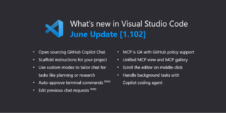 VS Code 1.102 adds Copilot Chat custom modes, command auto-approval, and MCP support image