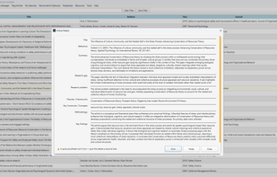 Structured article analysis view displaying summary, research gap, problem statement, theories, constructs, methodology and key findings generated for each journal article.