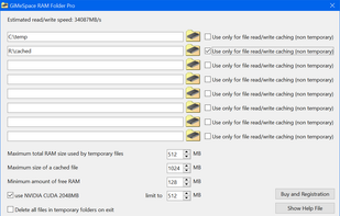 Control panel of RAM folder Pro