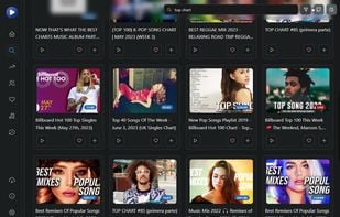 Holoplay. List of search results and music players at the bottom.