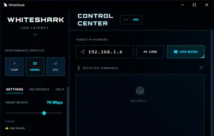 WhiteShark Control Center: A comprehensive dashboard featuring one-click performance profiles (Cinema, Eco, Comp), real-time bitrate adjustment up to 100Mbps, and advanced H.265 (HEVC) encoding. The interface allows for native 4K Ultra streaming, hybrid USB/WiFi connectivity management, and detailed system logs for a stable, professional-grade mirroring experience.