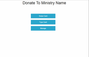 Dashboard allows access to card swipe interface, card type terminal, and private control panel to manage app settings.
