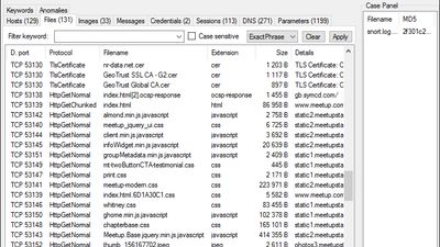 NetworkMiner showing files extracted from sniffed network traffic to disk