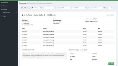 Print invoices for your customers directly with Kimai in several formats