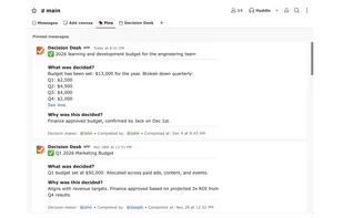 Decision context preserved directly in Slack conversations instead of being lost in message threads.