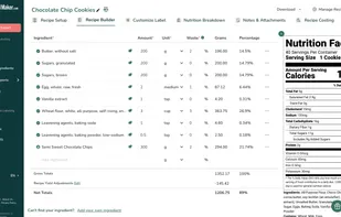 The Recipe Builder is where users input their recipe details. It allows for precise entry of ingredients, amounts, units (grams, tsp, cup, etc.), and includes fields for calculating waste and yield adjustments. The final Net Totals and an updated Nutrition Facts panel are displayed in real-time on the right.