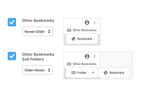 Two Other Bookmarks sort options. One option showing a Newer-Older sort and the other showing Older-Newer.