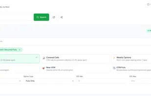 Options Finder allows traders to search and filter option contracts by symbol using strategy-focused presets such as cash-secured puts, covered calls, weekly options, and near-ATM setups.